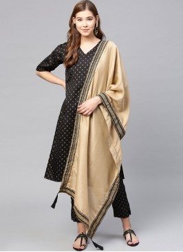 Enticing Printed Poly Silk Black Straight Salwar Kameez