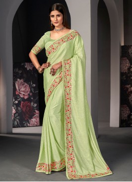 Enticing Sea Green Embroidered Satin Silk Contemporary Style Saree