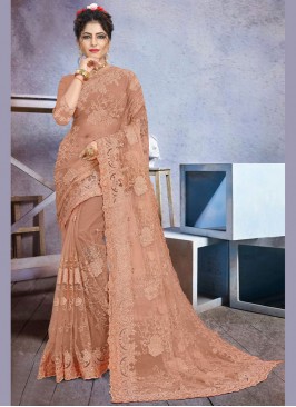 Entrancing Brown Net Classic Designer Saree
