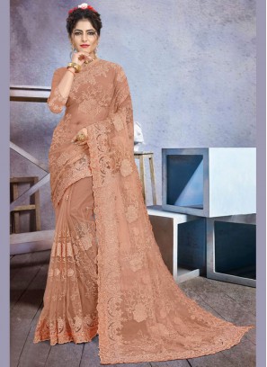 Entrancing Brown Net Classic Designer Saree