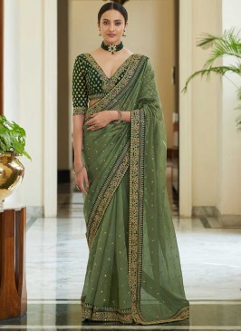 Entrancing Green Dori Work Organza Classic Saree