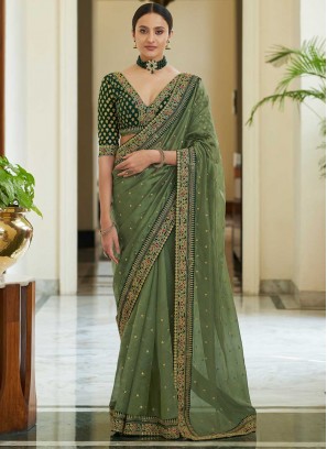 Entrancing Green Dori Work Organza Classic Saree