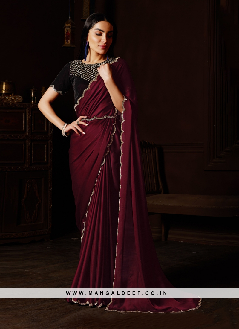 Arpan Vohra Embroidered Saree Gown | Maroon, Georgette, Halter Neck,  Sleeveless | Saree gown, Saree gowns, Gowns