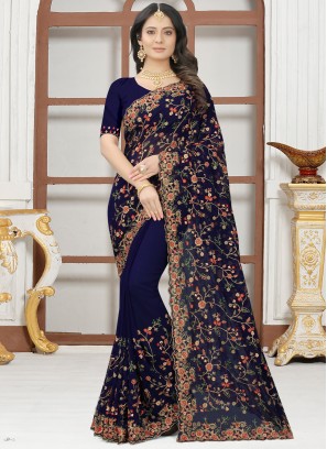 Entrancing Navy Blue Resham Contemporary Style Saree