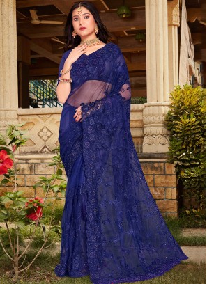 Entrancing Stone Net Blue Designer Saree