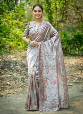 Entrancing Tussar Silk Grey Contemporary Saree