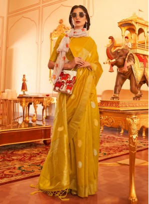 Entrancing Yellow Weaving Linen Trendy Saree