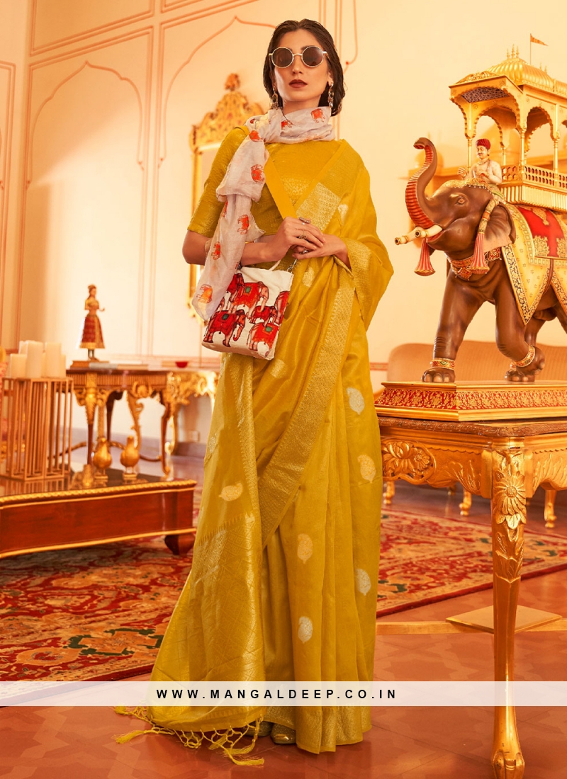 Entrancing Yellow Weaving Linen Trendy Saree