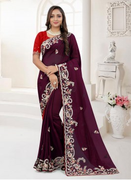 Entrancing Zari Organza Wine Classic Saree