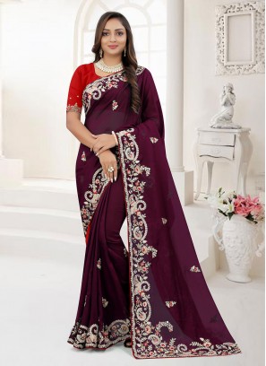 Entrancing Zari Organza Wine Classic Saree