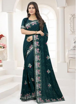 Epitome Georgette Teal Embroidered Trendy Saree