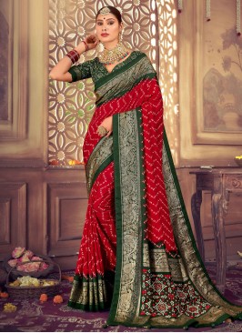 Epitome Red Abstract Print Silk Classic Saree