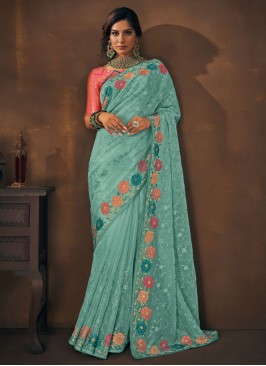 Especial Aqua Blue Embroidered Contemporary Saree