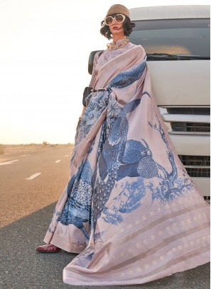 Especial Beige Printed Tussar Silk Designer Saree