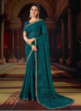 Especial Teal Digital Print Chiffon Trendy Saree