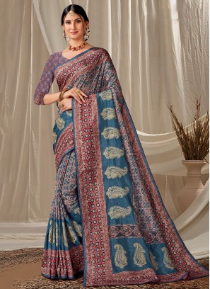 Ethnic Art Silk Blue Print Classic Saree