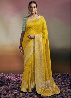 Ethnic Embroidered Faux Georgette Yellow Trendy Saree