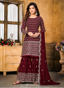 Ethnic Faux Georgette Maroon Straight Salwar Kameez