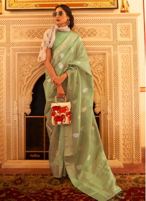 Ethnic Green Linen Designer Saree