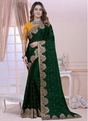 Ethnic Green Resham Satin Silk Contemporary Saree