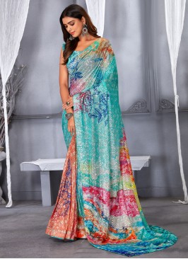 Ethnic Net Embroidered Multi Colour Saree