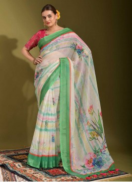 Ethnic Printed Linen White Saree