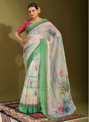 Ethnic Printed Linen White Saree