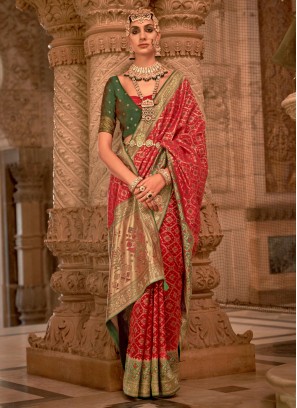 Ethnic Red Jacquard Silk Classic Saree