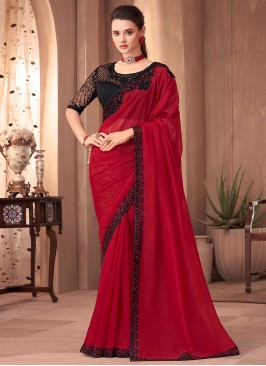 Ethnic Sequins Red Silk Traditional Saree