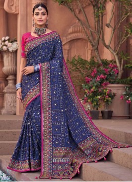 Ethnic Silk Patch Border Blue Trendy Saree