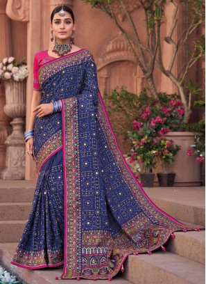 Ethnic Silk Patch Border Blue Trendy Saree