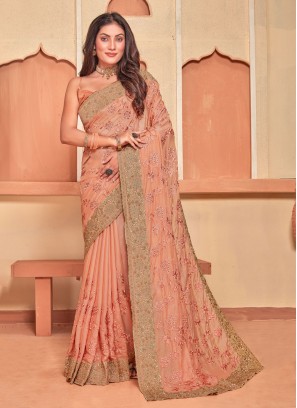 Ethnic Stone Work Crepe Silk Peach Trendy Saree