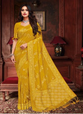 Ethnic Weaving Banarasi Silk Yellow Classic Designer Saree