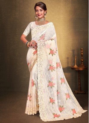 Exceeding Embroidered Off White Saree