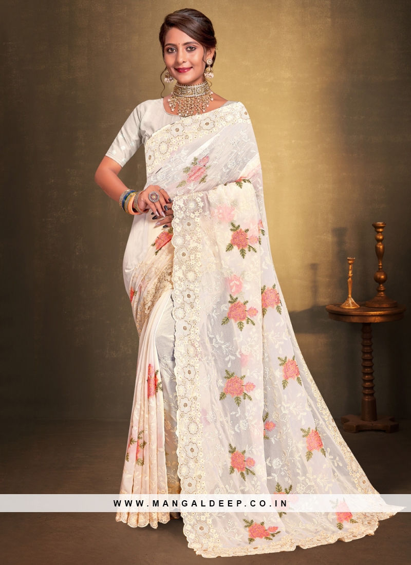 Exceeding Embroidered Off White Saree