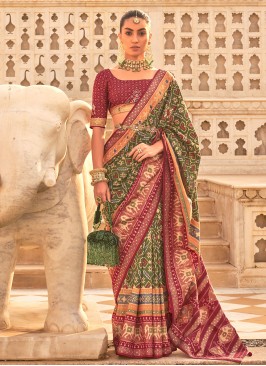 Exceeding Weaving Patola Silk  Green and Maroon Contemporary Style Saree