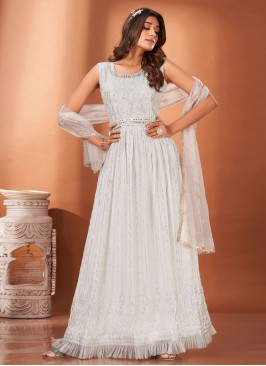 Exceeding White Mukesh Georgette Trendy Gown
