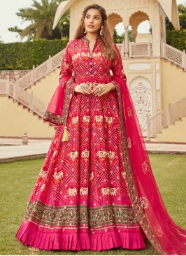 Excellent Bandhej Pink Jacquard Gown 