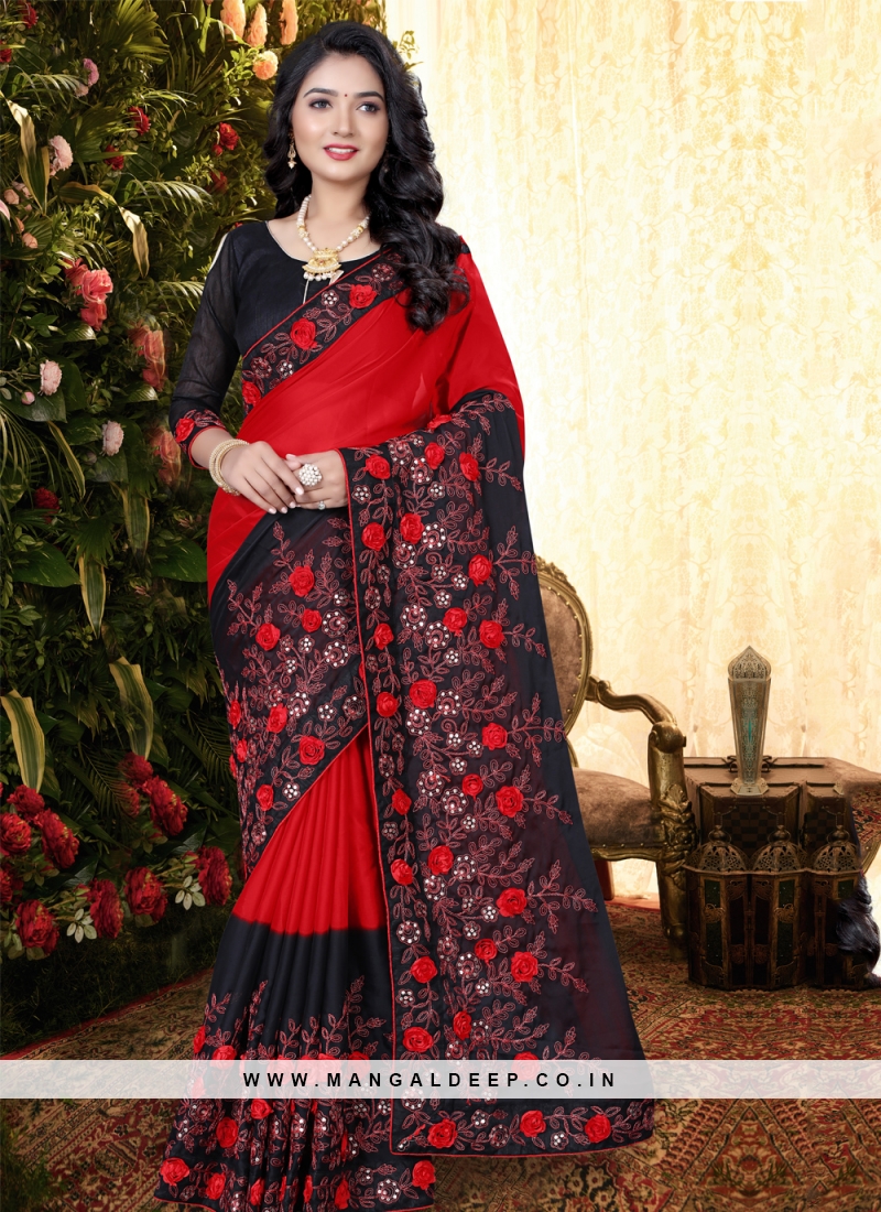 Red & Black Printed Mul-Cotton Saree – Mytr