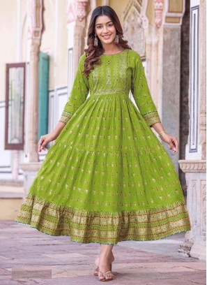 Excellent Digital Print Green Rayon Gown 
