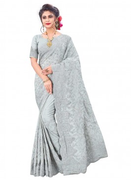 Excellent Faux Chiffon Embroidered Designer Saree