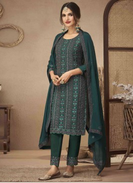 Excellent Lace Mehndi Straight Salwar Kameez