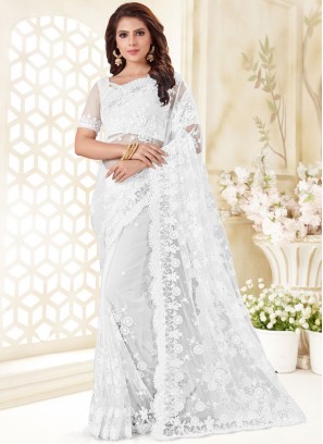 Excellent Net Embroidered White Traditional Saree