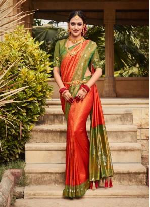 Excellent Orange Contemporary Style Saree