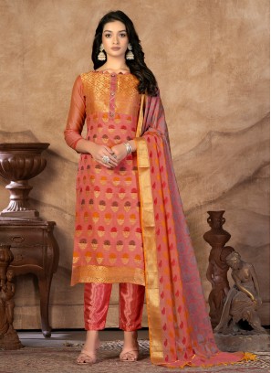 Excellent Orange Designer Banarasi Silk Straight Suit