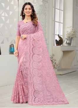 Excellent Pink Embroidered Net Designer Saree