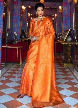 Excellent Weaving Silk Orange Designer Traditional Saree