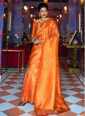 Excellent Weaving Silk Orange Designer Traditional Saree