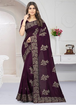 Excellent Zari Wine Vichitra Silk Contemporary Sar