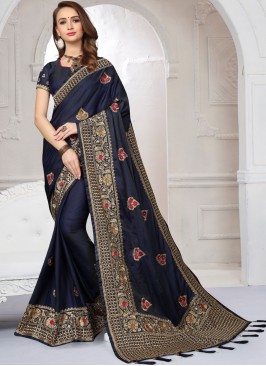 Exceptional Blue Embroidered Satin Silk Designer S